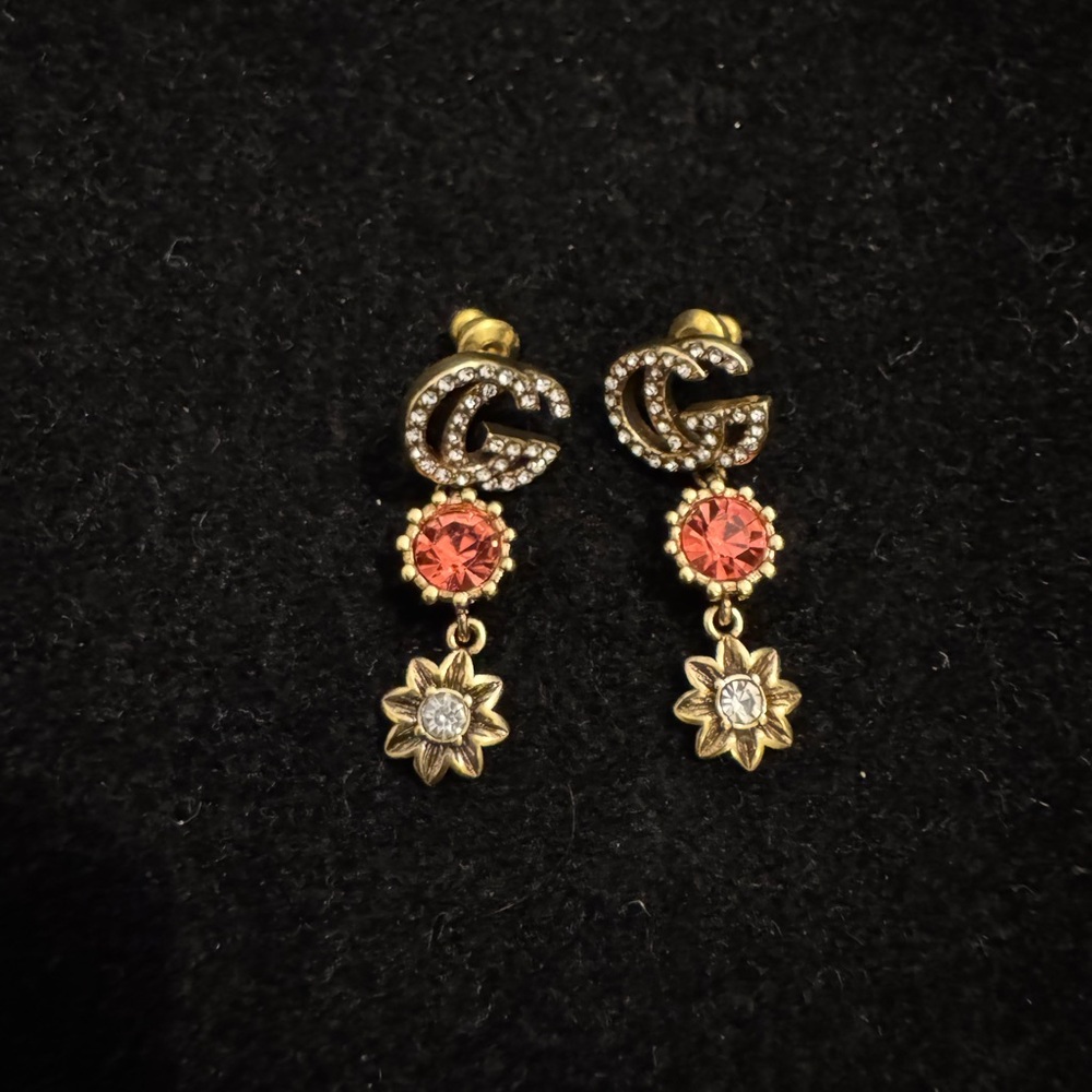 Gucci Gold Floral Marmont Earrings with Red and Silver Accents